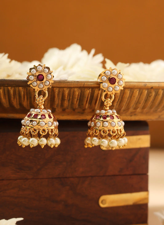 Gold Jhumkas with Pink and White Stone Accents