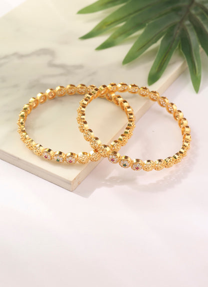 Set of two Floral Motif Gold Bangles with American Diamond Center