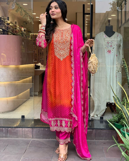 Orange Chiffon Embroidered Kurta Set