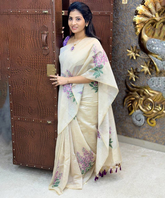Beige Cotton Floral Digital Printed Saree