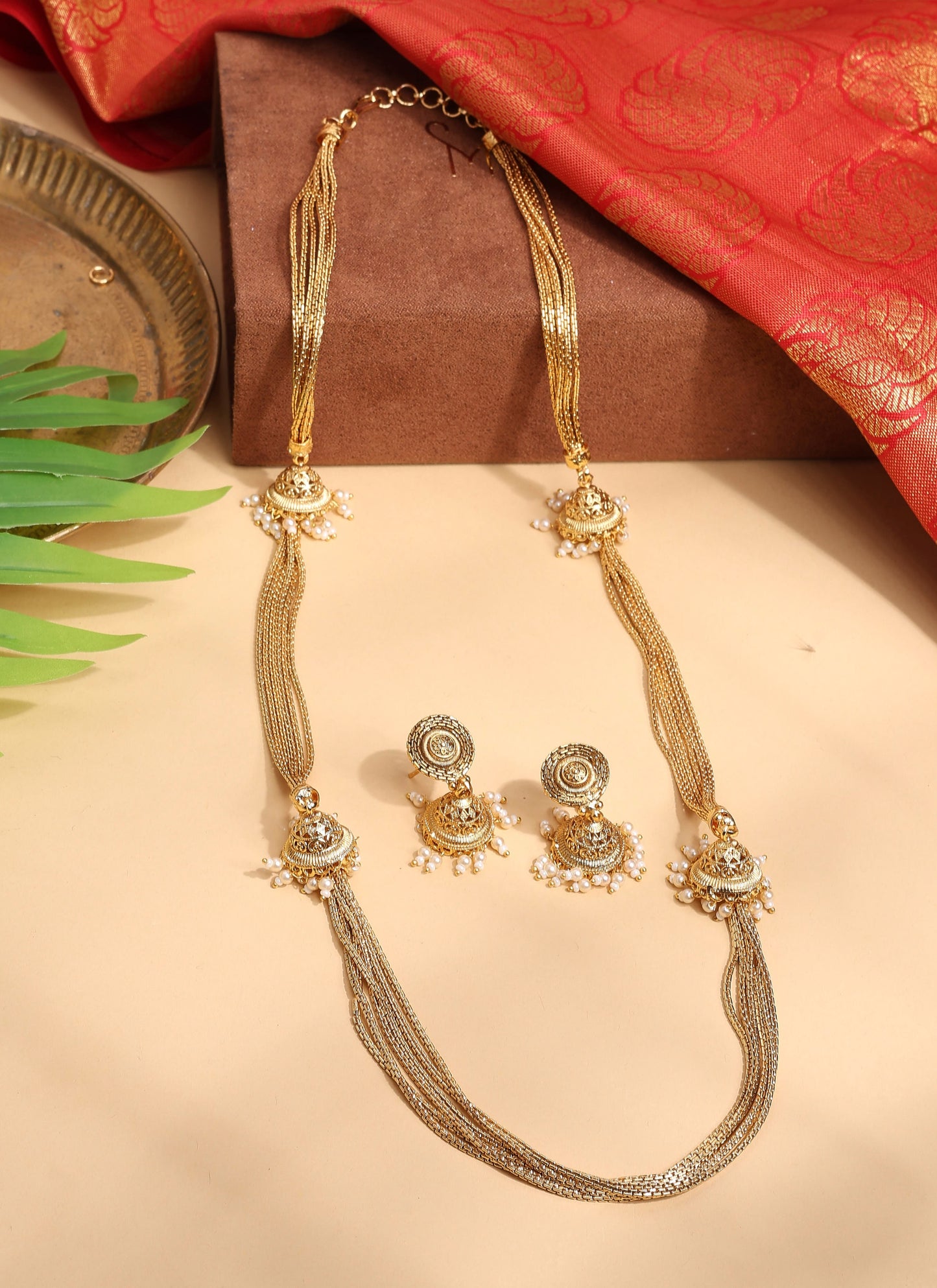 Pearl Chain Necklace Set with Matching Jhumkas