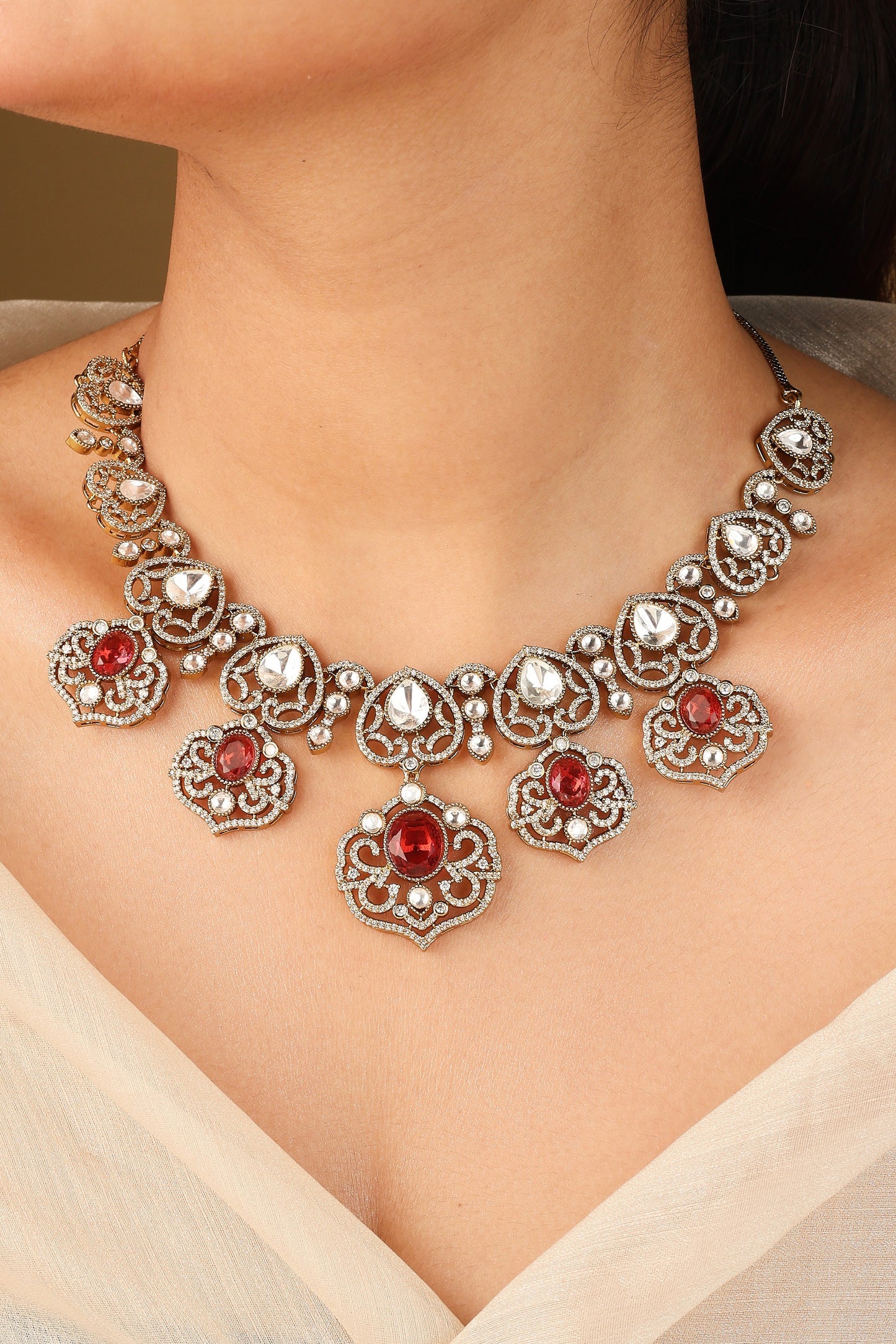 Statement Necklace Set with Red Stones and Kundan Stones