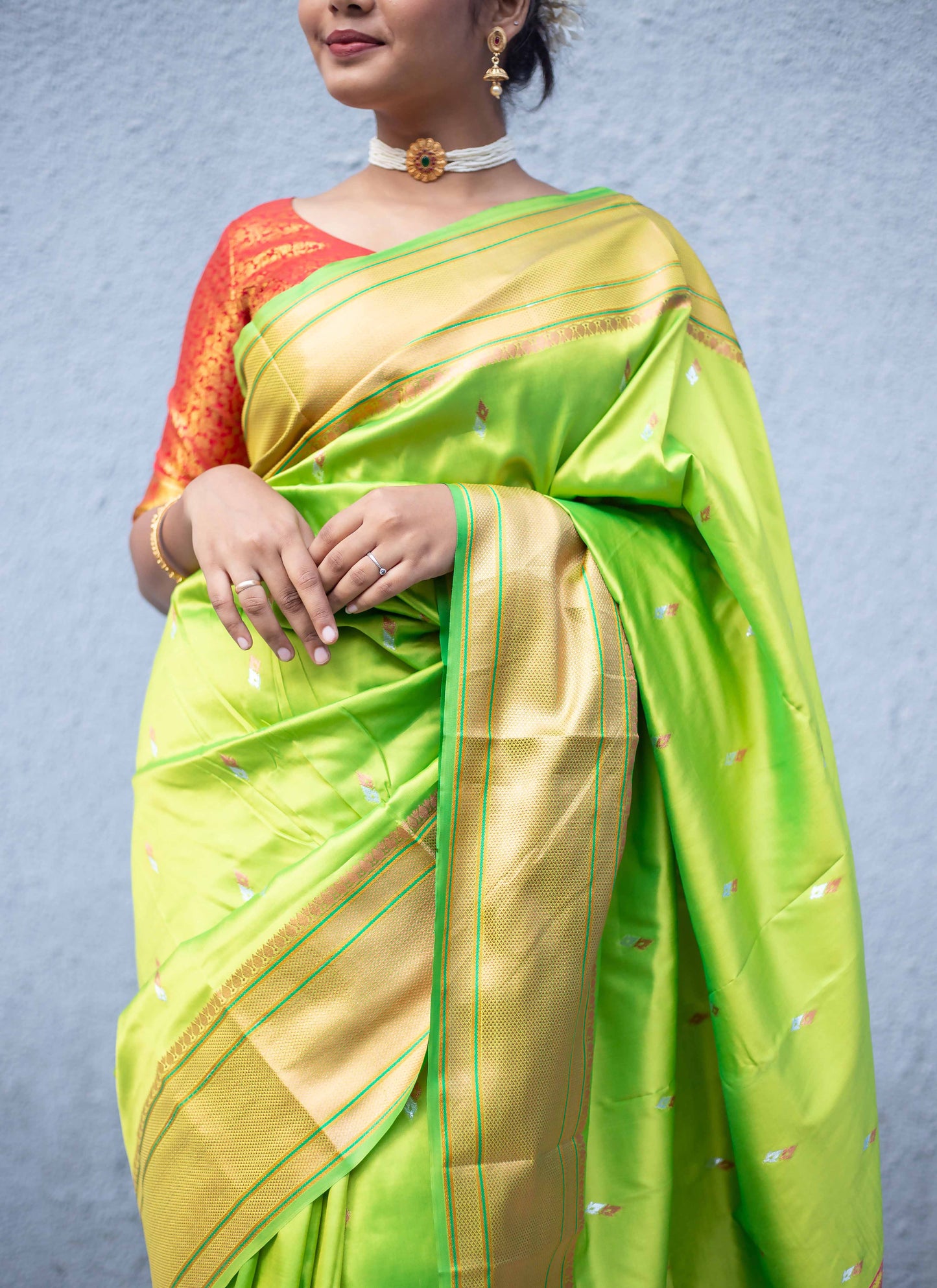 Lime Green Paithani Saree with Multicolor Zari Border