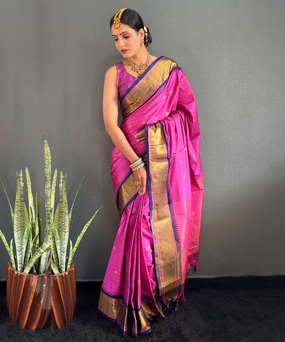 Magenta & Navy Blue Cotton Silk Saree