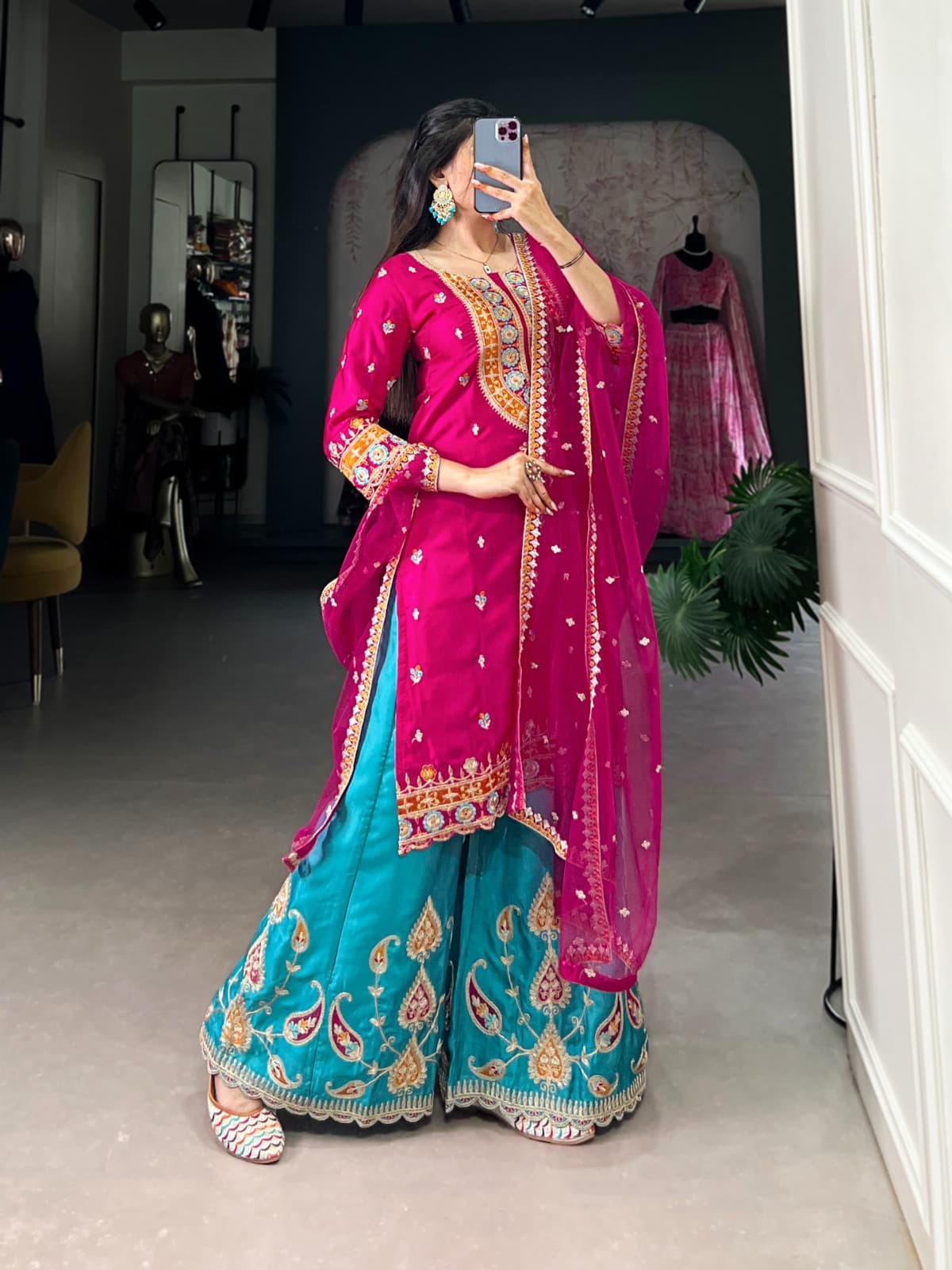 Pink Thread Embroidery Silk Blend Readymade Suit