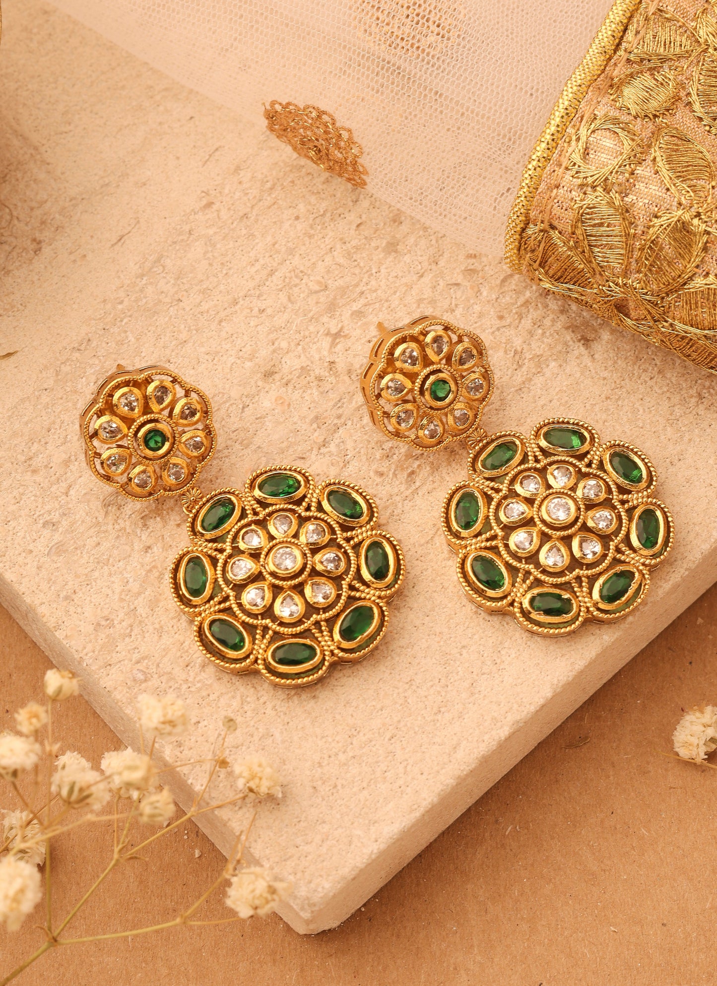 Gold Plated Earrings with Green Stone