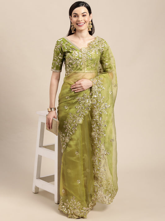 Mehendi Green Organza Embroidered Saree
