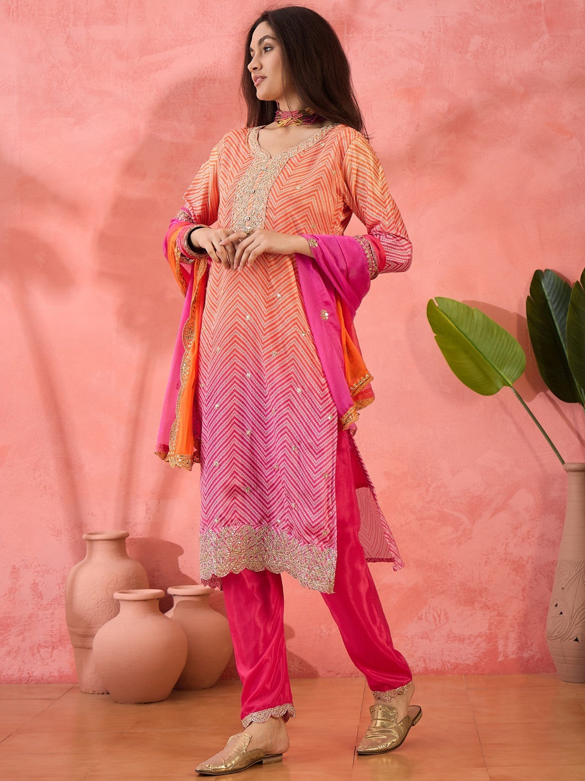 Multicolor Roman Silk Kurta with Bottom & Dupatta