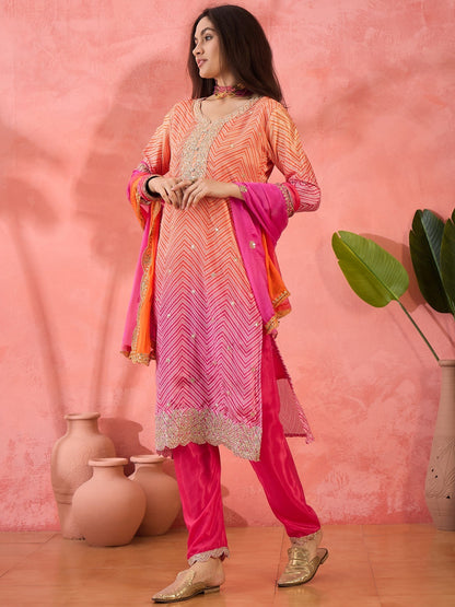 Multicolor Roman Silk Kurta with Bottom & Dupatta