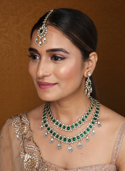 Two Layer Necklace Set with Green Stones and American Stones Earrings and Maang Tikka