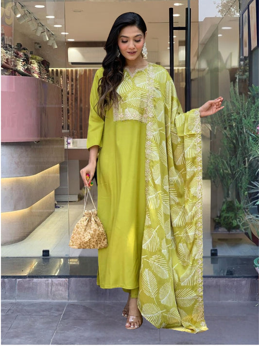 Yellow Embroidered Viscose Fabric Straight Kurta, Pant, and Dupatta Set