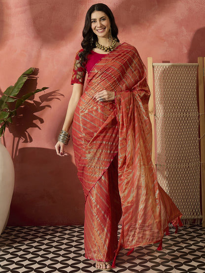 Exquisite Rust Orange Dual-Tone Organza Saree with Sheer Elegance