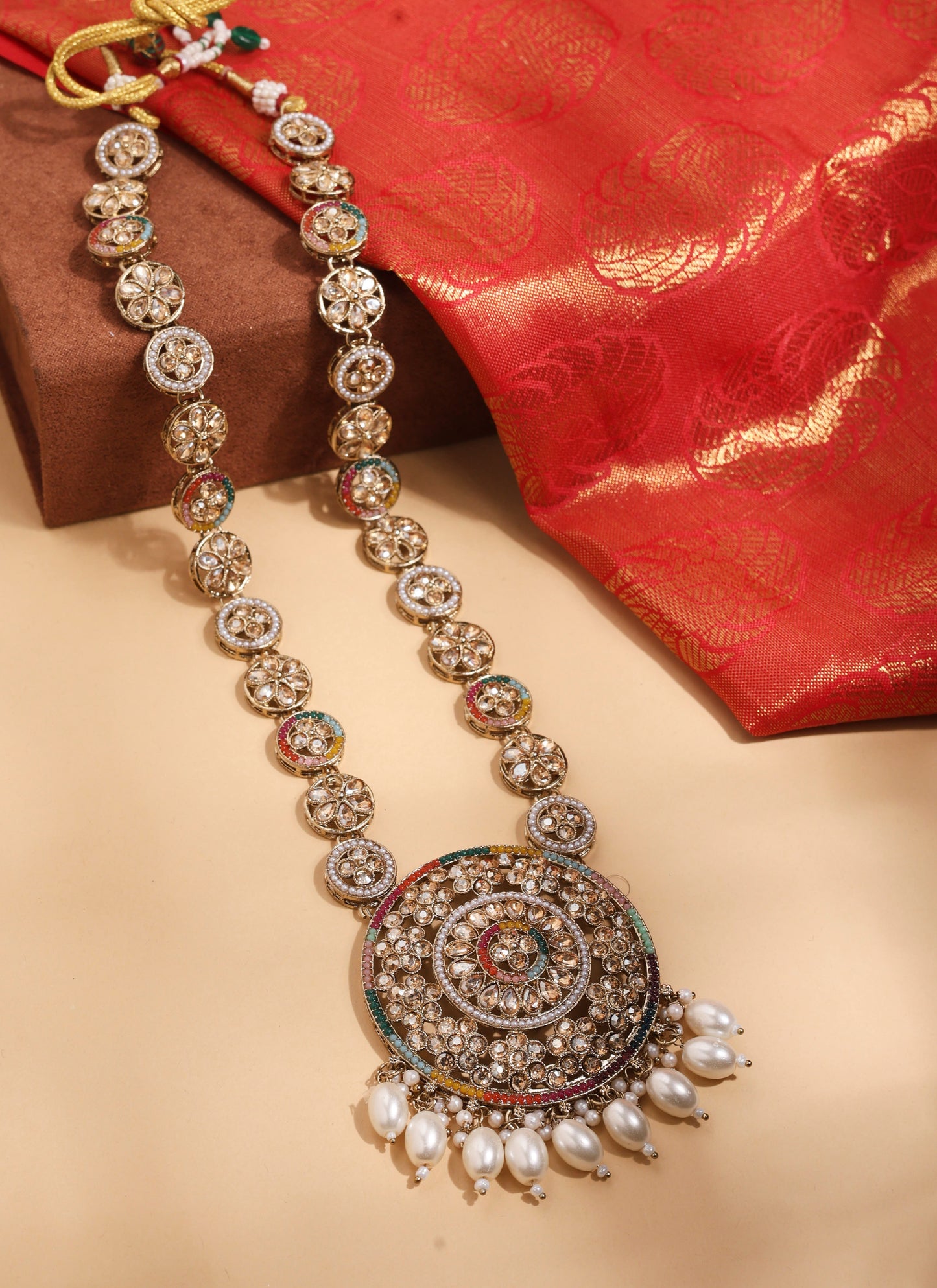 Antique Gold Necklace with Multicolour Stones and Matching Earrings