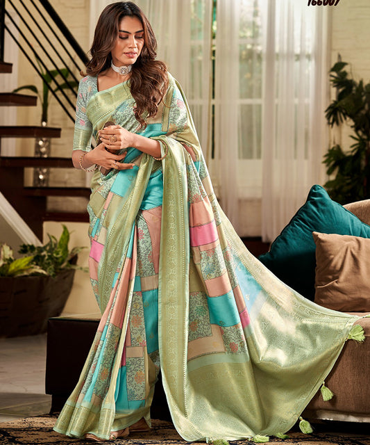 Pastel Green Banarasi Art Silk Saree with Floral & Geometric Woven Motifs