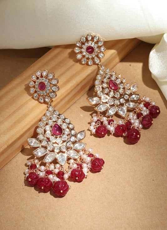 Kundan Chandbali Earrings with Maroon Drops