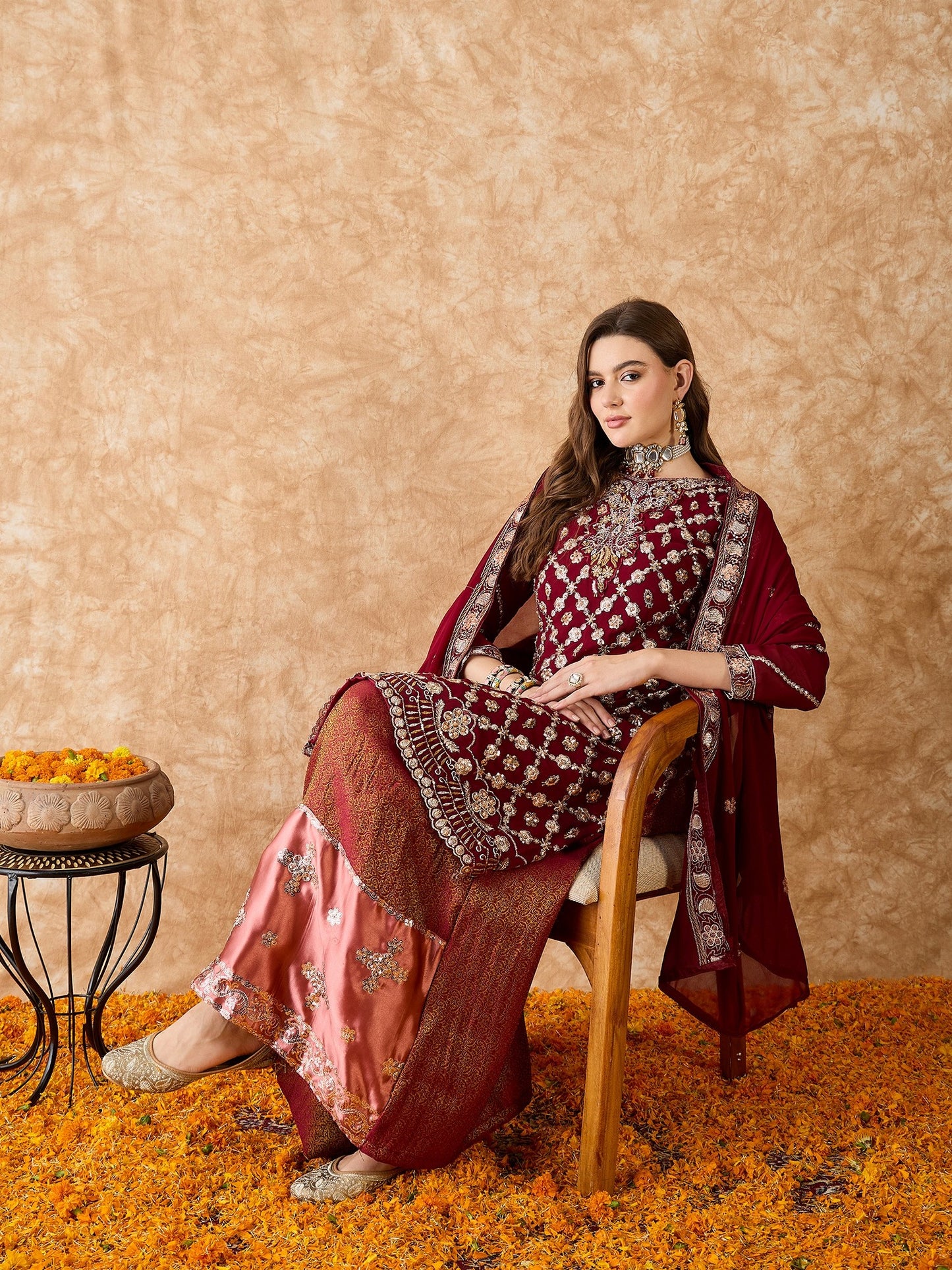 Semi Stitched Pakistani Suit in Maroon Faux Georgette