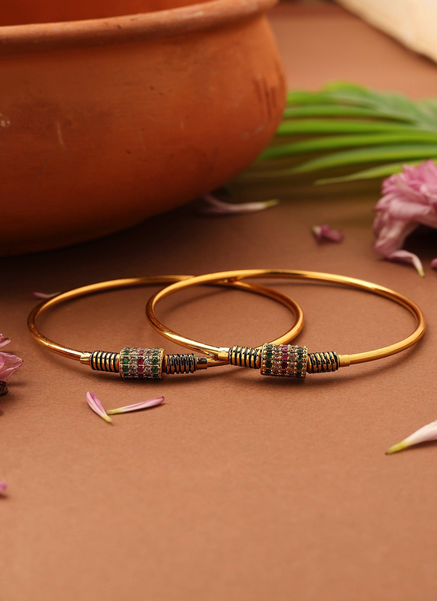 Gold-Plated Plain Bangles with Stone-Studded Center Ball