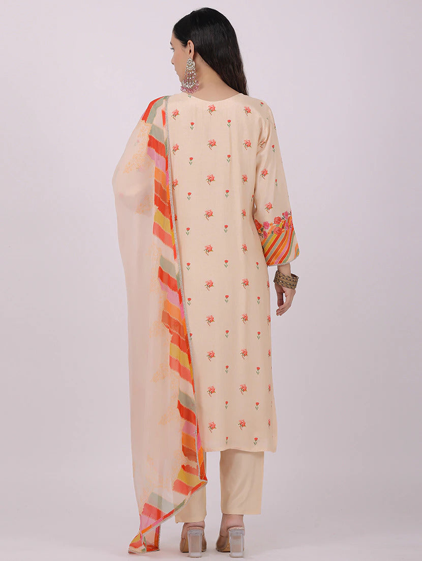 Women Chanderi Cotton Embroidered Kurta Pant Dupatta Set