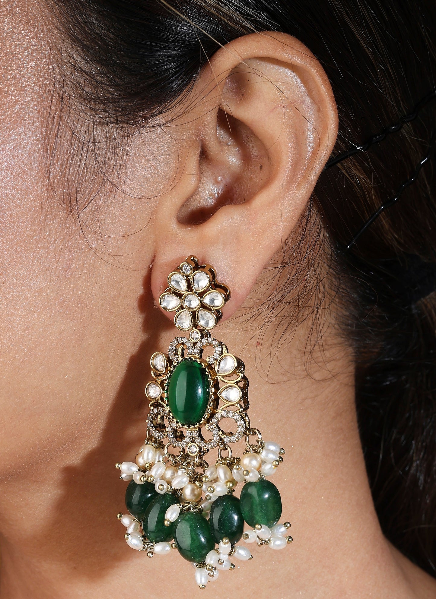 Layered Maharani Haar Necklace with Green Beads and Kundan Stone Pendant