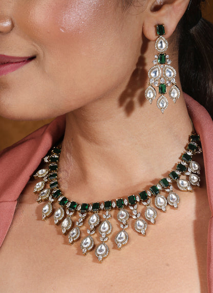 Classic Necklace Set with American Diamond Stones and Green Accents