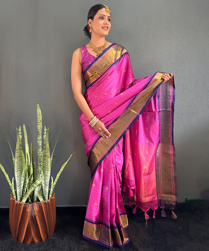 Magenta & Navy Blue Cotton Silk Saree