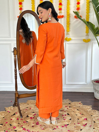 Orange chanderi silk embroidered work kurta pant with dupatta