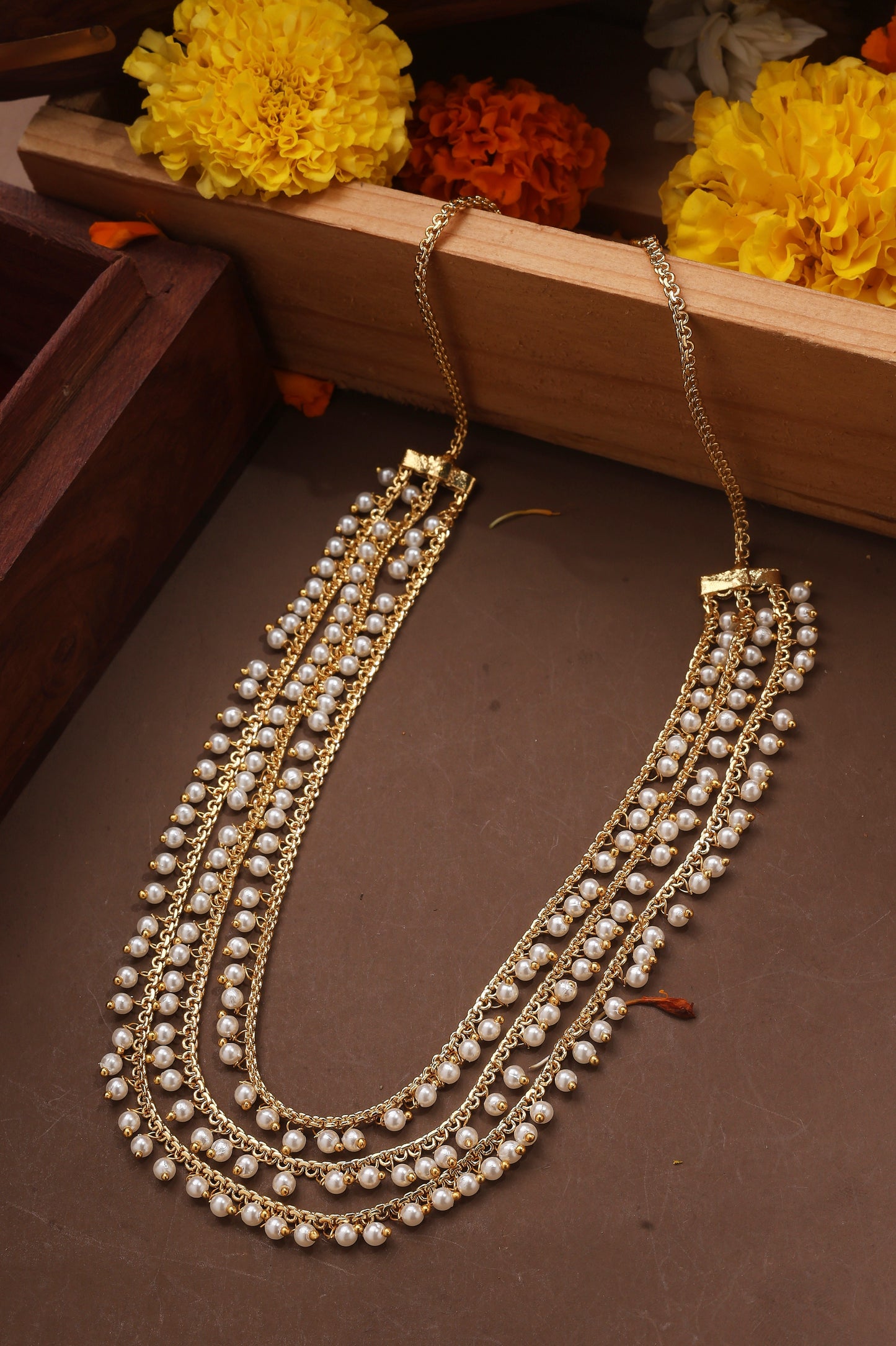 Three Layer Pearl Necklace with Gold Plated Chain