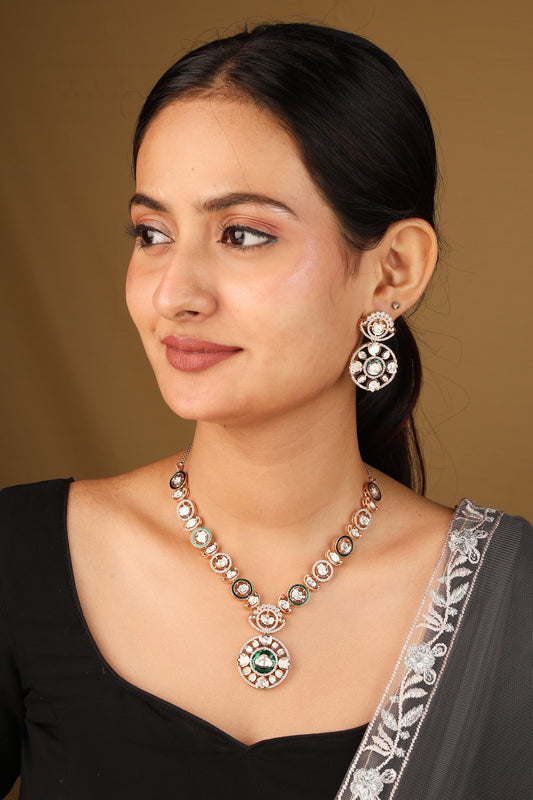 Colourful Borderline Necklace with Circle Pendant and Matching Earrings