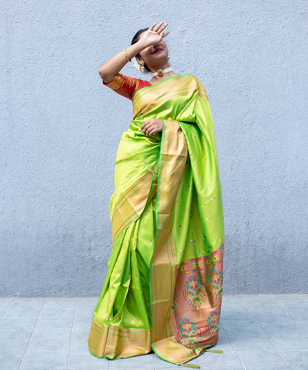 Lime Green Paithani Saree with Multicolor Zari Border