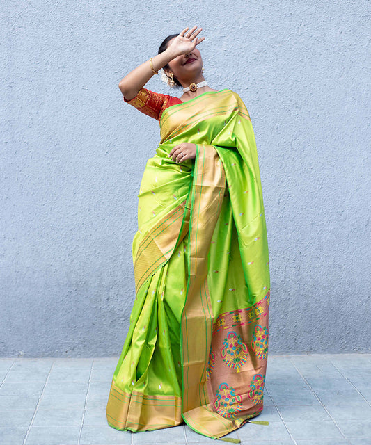 Lime Green Paithani Saree with Multicolor Zari Border
