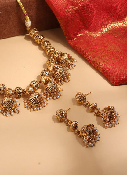 High Gold Necklace Set with Jhumka Style Details and Matching Earrings