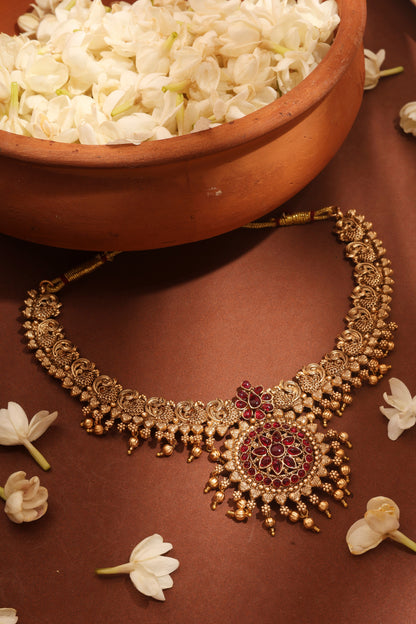 Gold Plated Temple Necklace Set with Peacock Motif