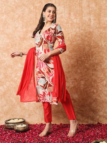 Rayon Fabric Printed Work Kurta, Pant, and Dupatta Set