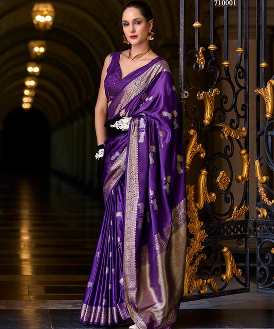 Majestic Purple Art Silk Zari Woven Saree with Elegant Animal Motifs