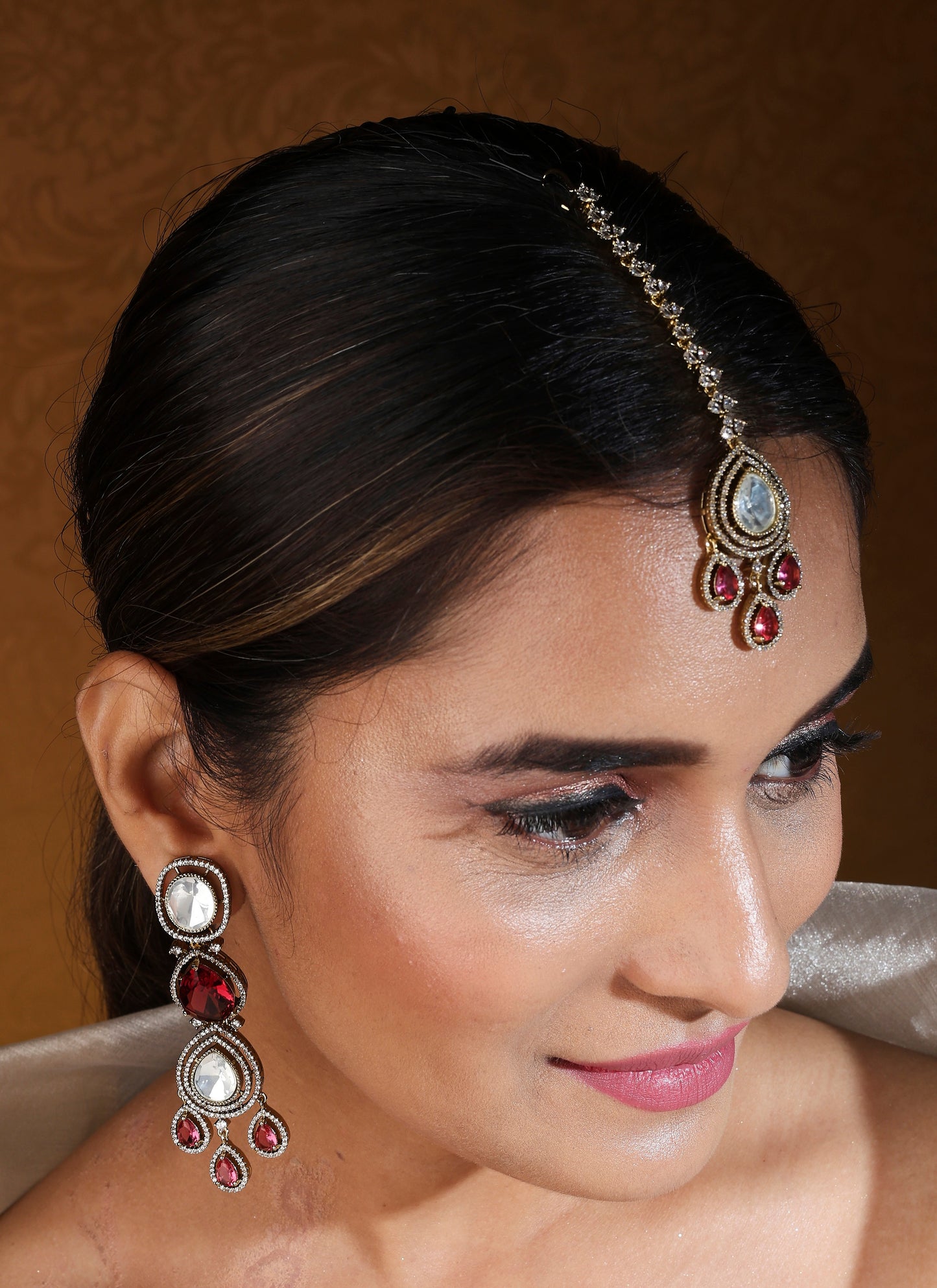 Bridal Ruby Stone Layer Necklace Set with Earrings and Maang Tikka