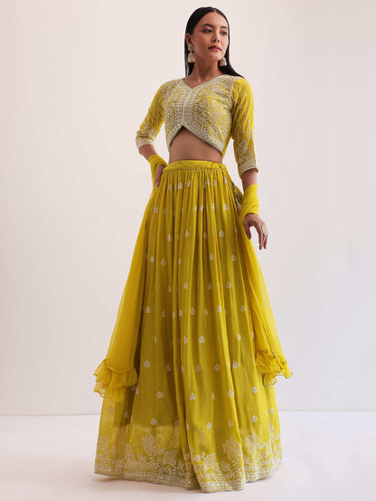 Yellow Embroidered Georgette Haldi Wear Lehenga Choli