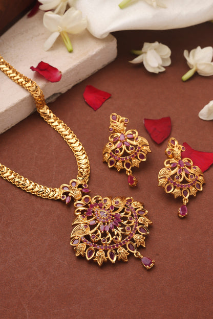 Gold Plated Long Necklace Set with Ruby Stone Studded Pendant