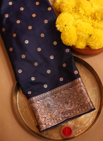 Navy Blue Zari Woven Saree with Floral Motifs and Grand Border