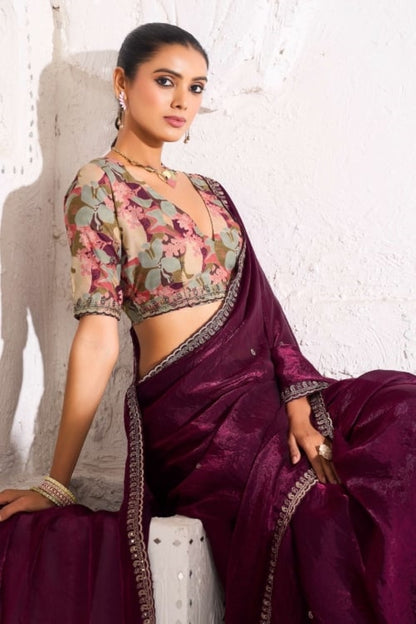 Plum Soft Tissue Embroidered Saree
