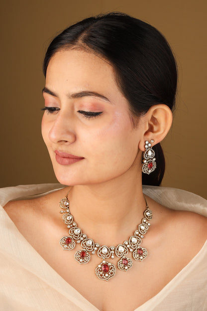 Statement Necklace Set with Red Stones and Kundan Stones