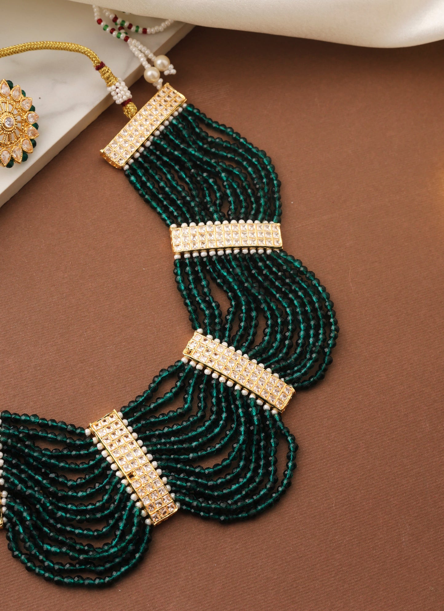 Green Beads Necklace Set with Gold Accents