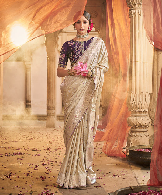 Elegant Off-White Banarasi Silk Saree with Floral Zari Motifs