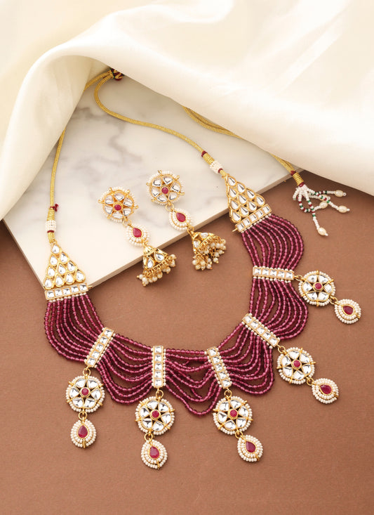 Red Beads Necklace Set with Contrast Pendant and Earrings