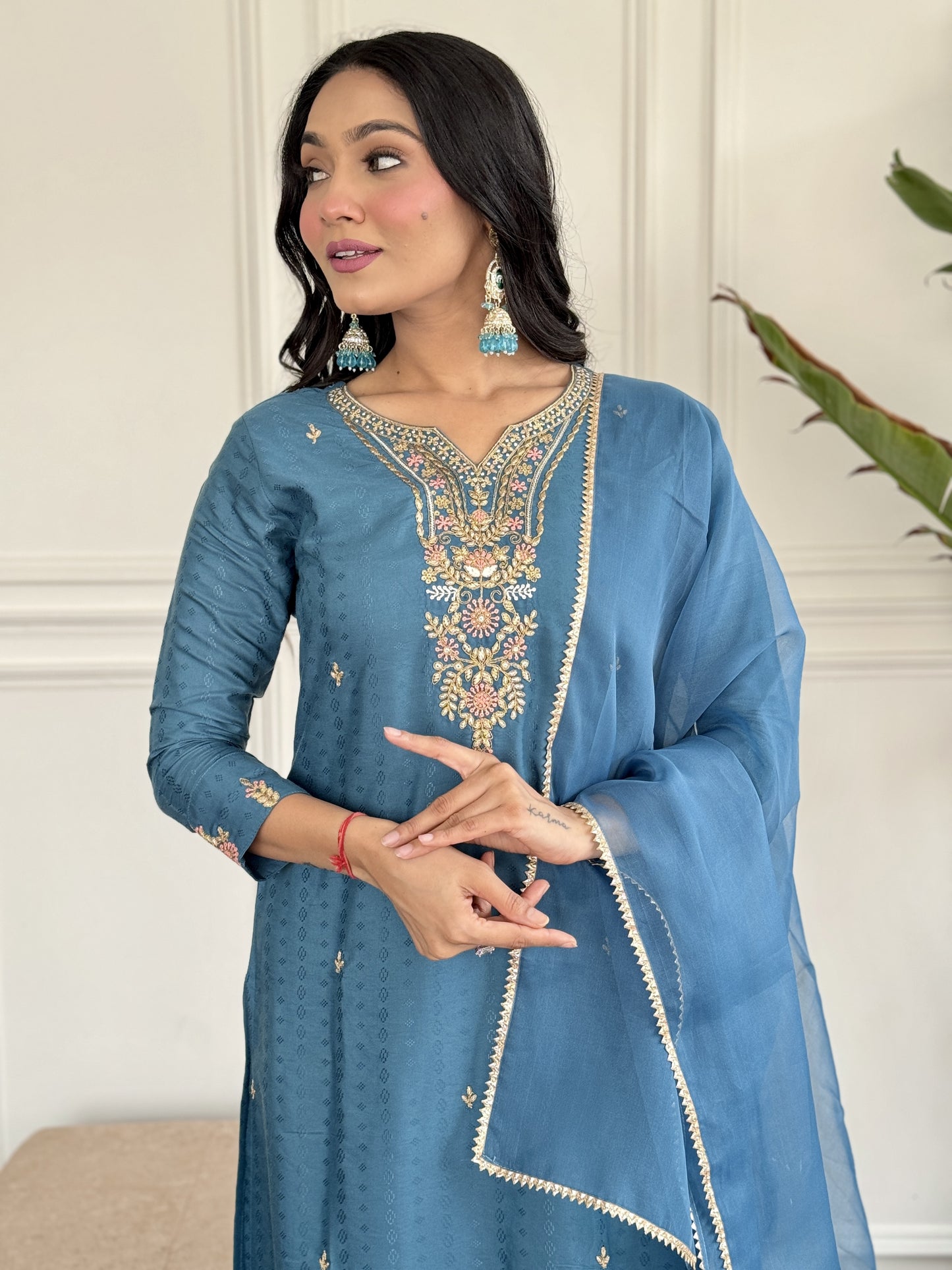 Rama Embroidered Viscose Blend Fabric Straight Kurta, Pant, and Dupatta Set