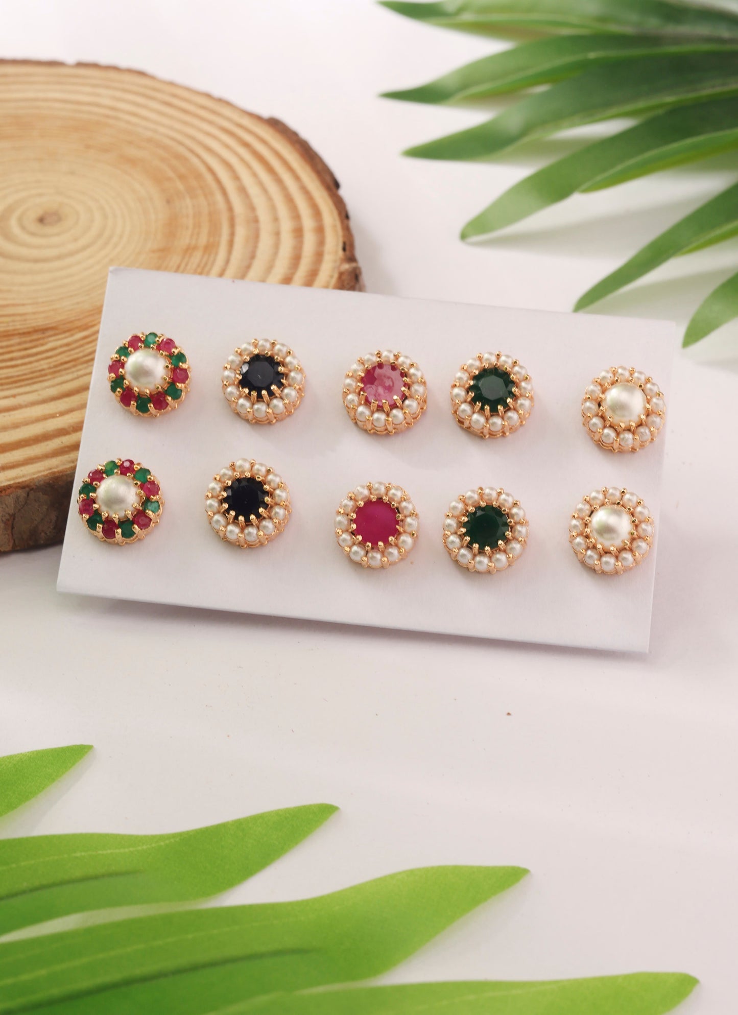 Set of Five Pairs Gold Studs with Pearls and Multicolour Stones