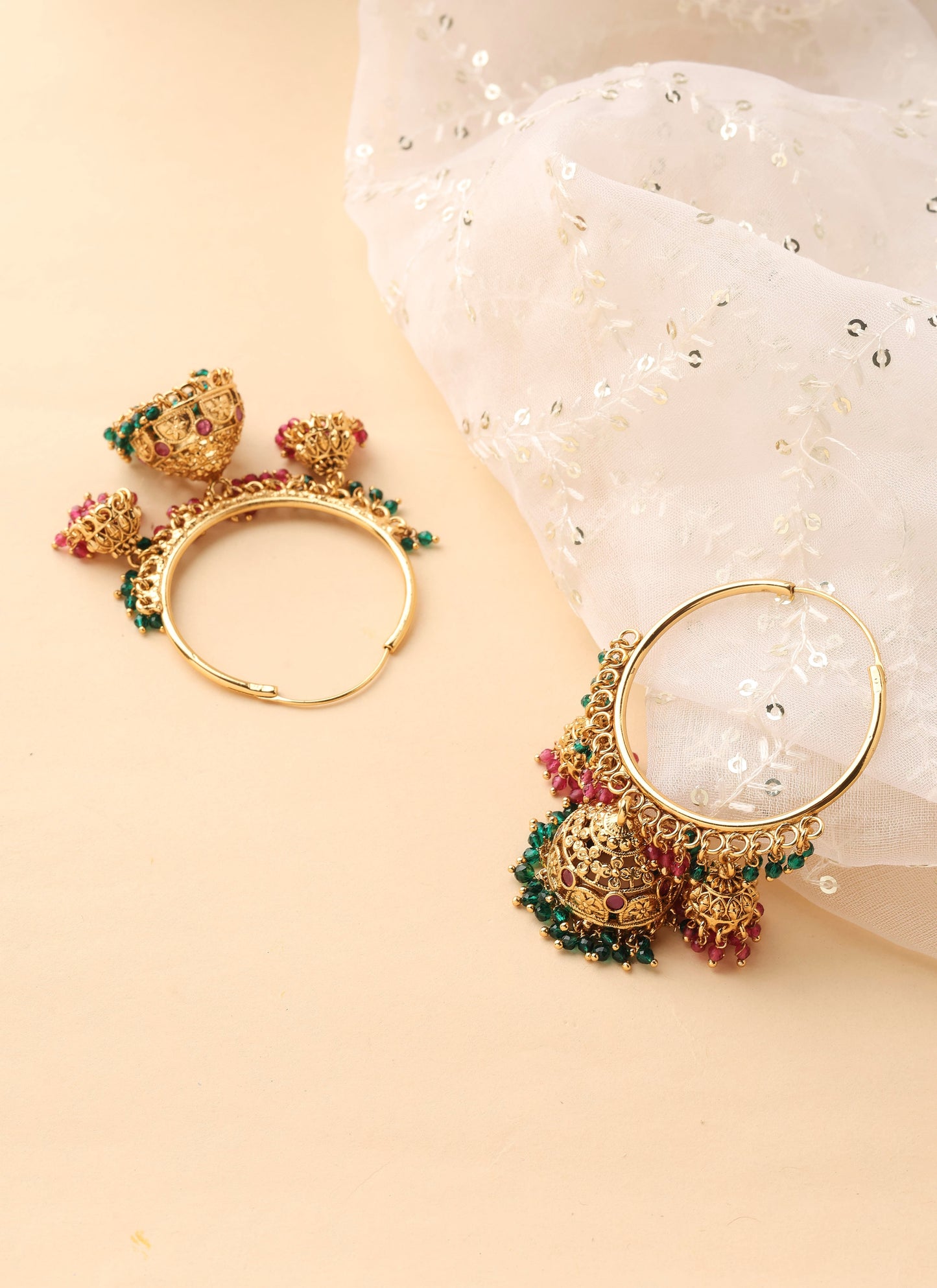 Gold Hoops with Jhumka Detailing and Green Bead Accents