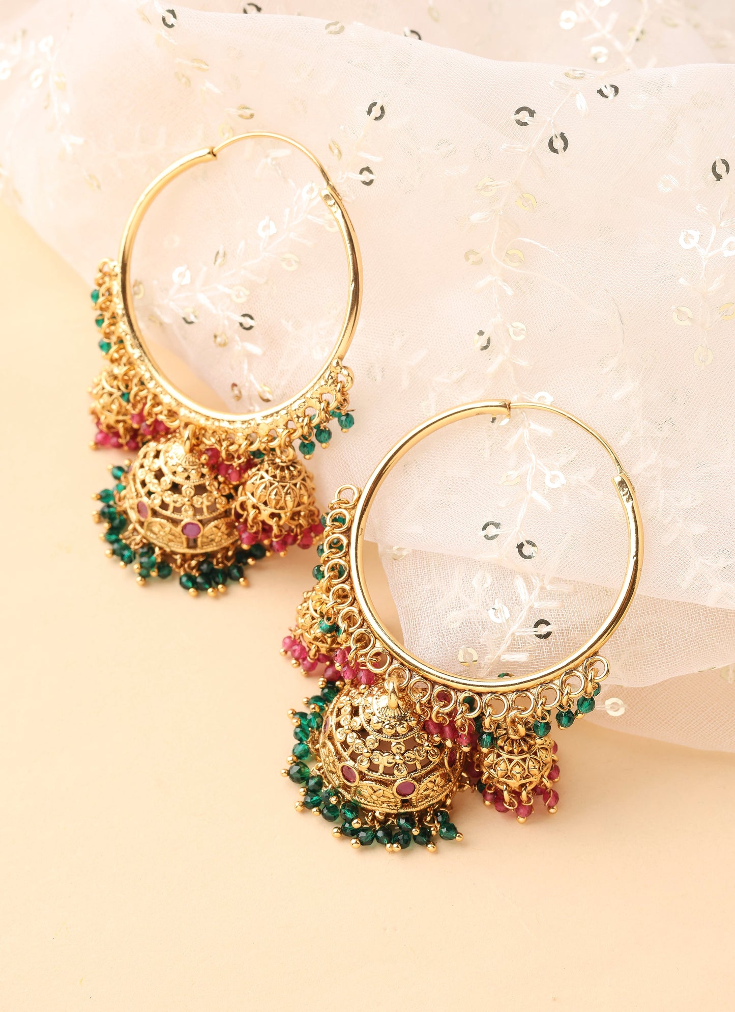 Gold Hoops with Jhumka Detailing and Green Bead Accents