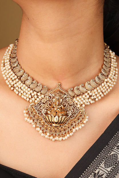 Elegant White Bead Necklace with Gold Plated Lakshmi Motif Pendant