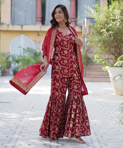 Red Jacquard Georgette Readymade Suit