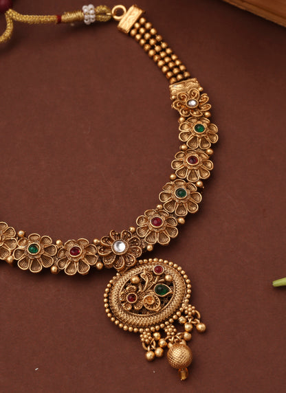 Gold Plated Temple Necklace Set with Flower Motif